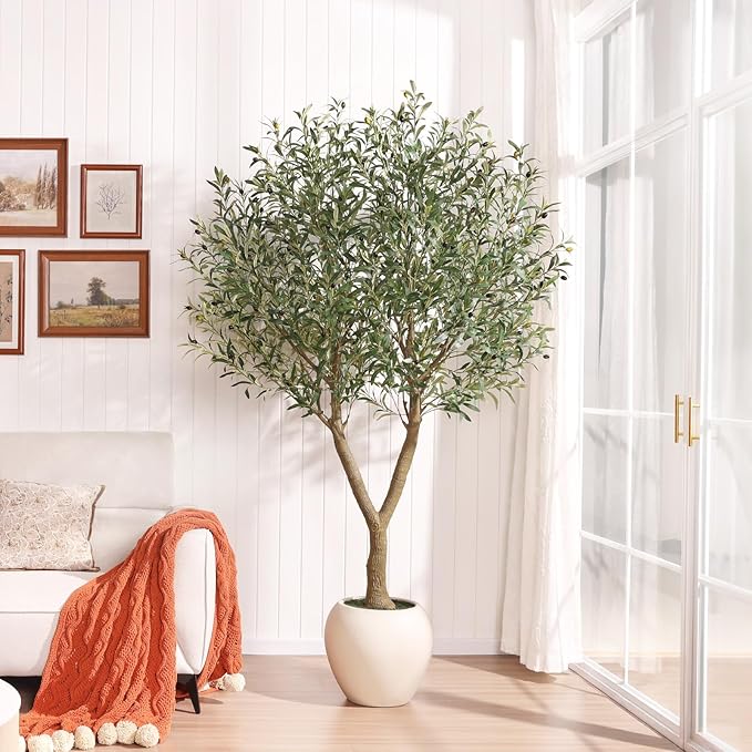 Olive Trees Artificial Indoor,7Ft Large Faux Plants,Tall Fake Tree with 15in White Round Planter,Full & Lush Faux Olive Tree for Home Decor Living Room, Office or Bedroom,Housewarming