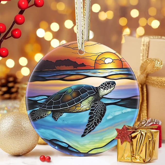 Sea Turtle Christmas Ornament, 3.5 Inch Ceramic Hanging Ornament, Sea Turtle Decor for Christmas Tree, Gifts & Holiday Presents