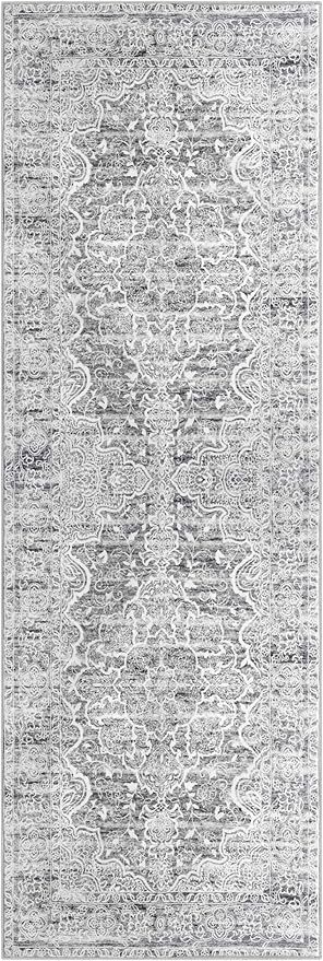 KUTA Vintage Washable Runner Rug, 2x7 Non-Slip Vintage Grey Blue White Hallway Kitchen Runners Soft Printed Distressed Tribal Farmhouse Floor Carpet Rugs for Laundry Bedroom Living Room