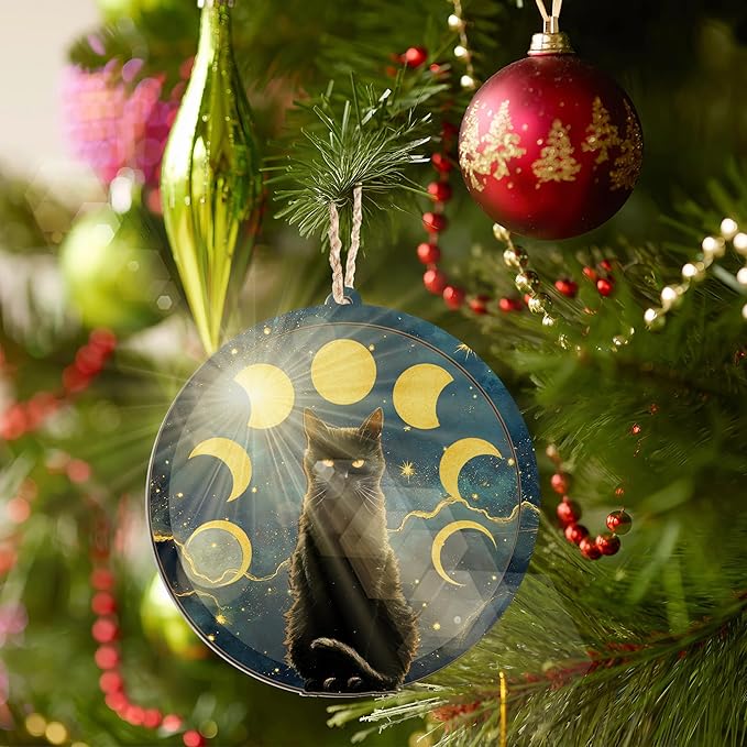 GEEMBI Christmas Black Cat Gifts for Women Men - Suncatcher Christmas Ornaments 2025 for Tree Decorations - Black Cat Ornament for Halloween, Witchy Mystical Gifts for Women, Moon Phase Gothic Decor