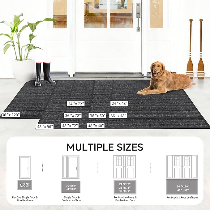 Front Door Mat, Heavy Duty Indoor Outdoor Doormat, 120" x 36" Low Profile Outdoor Mats for Home Entrance, Stain and Fade Resistant Welcome Mat Ideal for High Traffic Area, Black