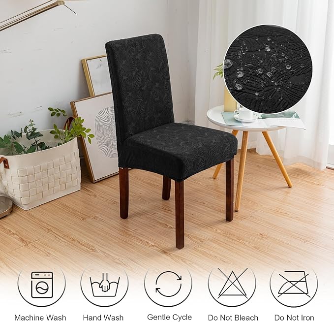 Genina 100% Waterproof Dining Room Chair Covers Set of 4 Stretch Kitchen Chair Covers Parsons Chair Slipcovers for Dining Room Chair Protector Cover, Removable, Washable (Leaf Pattern-Black)