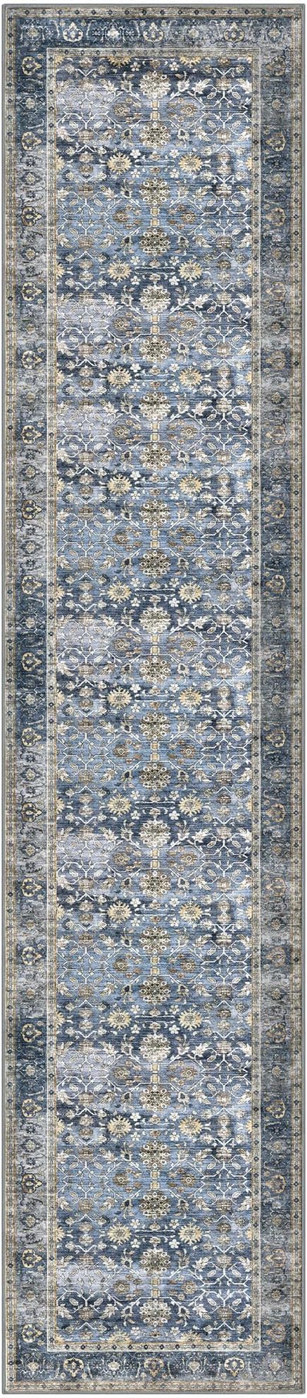 KUTA Vintage Long Runners for Hallways, 2.6x12 Blue Grey Beige Washable Non-Slip Kitchen Rugs Ultra Thin Soft Printed Distressed Oriental Floral Floor Carpet for Laundry Bedroom Living Room Nursery