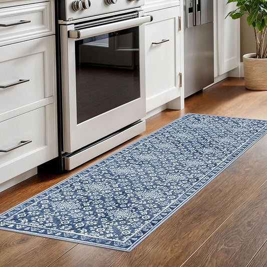 Vintage Washable Runner Rug 2x6, Denim Blue White Runners for hallways, Super Soft Kitchen Runner Rug Non Slip, Printed Faux Wool Thin Carpet Runner for Entryway Porch Laundry Room Bedroom