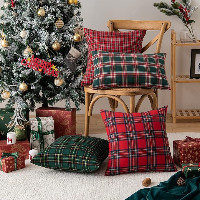 AQOTHES Pack of 2 Christmas Plaid Decorative Throw Pillow Covers Scottish Tartan Cushion Case for Farmhouse Home Holiday Decor Red and Green, 12 x 20 Inches