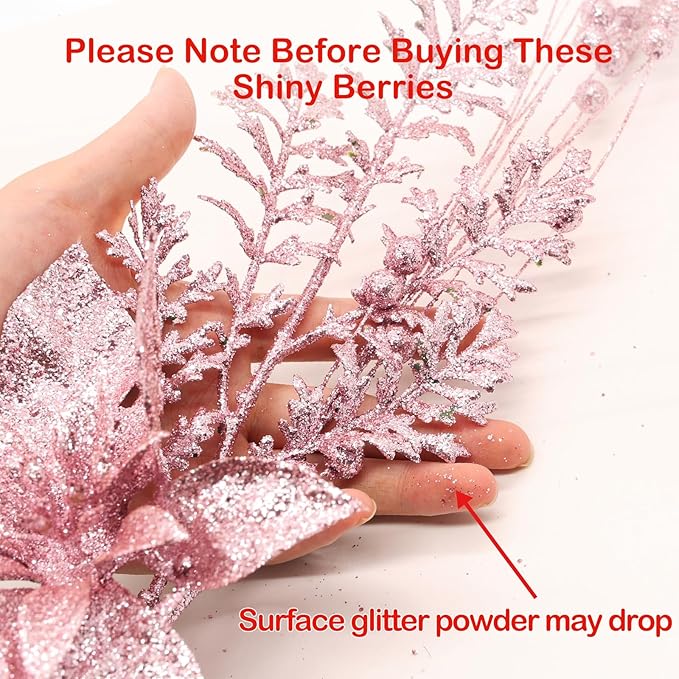 18 Pack Christmas Tree Ornaments Set, 17.5 Inch Pink Fake Christmas Picks Decorations with 2 Styles, Artificial Glitter Berry Stem Ornaments for Christmas Tree Wedding Small Vase Wreath Decor