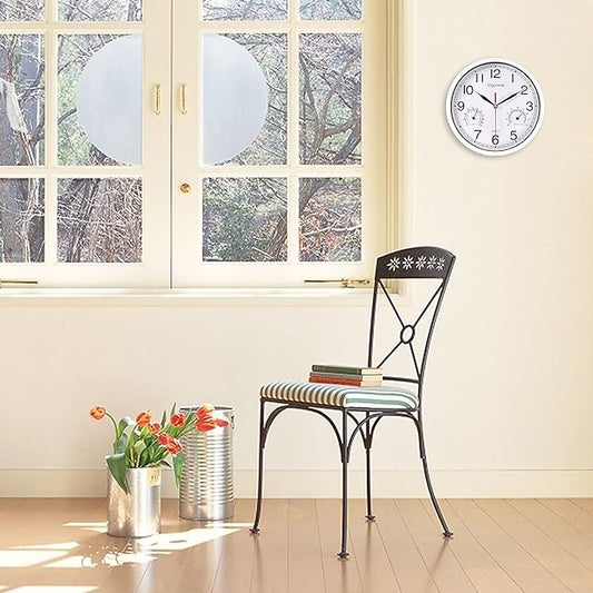 8 Inch White Wall Clock, Sweep Silent Movement Accurate Clocks with Temperature & Humidity, Decorative for Kitchen/Living Room/Bedroom/Office/School/Classroom