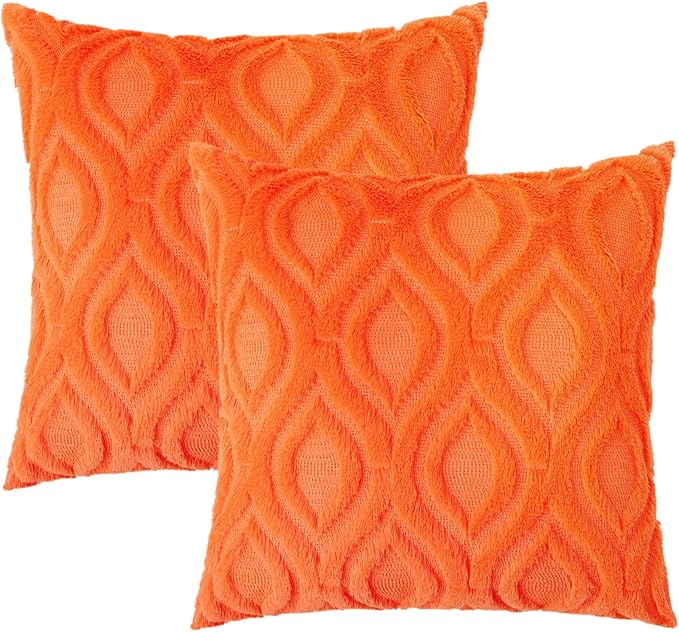 decorUhome Throw Pillow Covers 16x16 Inch Set of 2, Soft Plush Faux Wool Orange Solid Couch Pillow Covers, Accent Farmhouse Neutral Square Pillow Cases for Sofa Bed Living Room