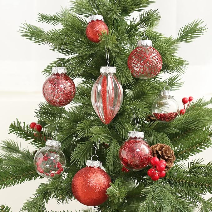 Christmas Ornaments Set, 32Pcs Clear Plastic Shatterproof Christmas Ball Hanging Ornaments for Xmas Tree Decorations, for Indoor Home Thanksgiving Party Holiday Decor - Red.