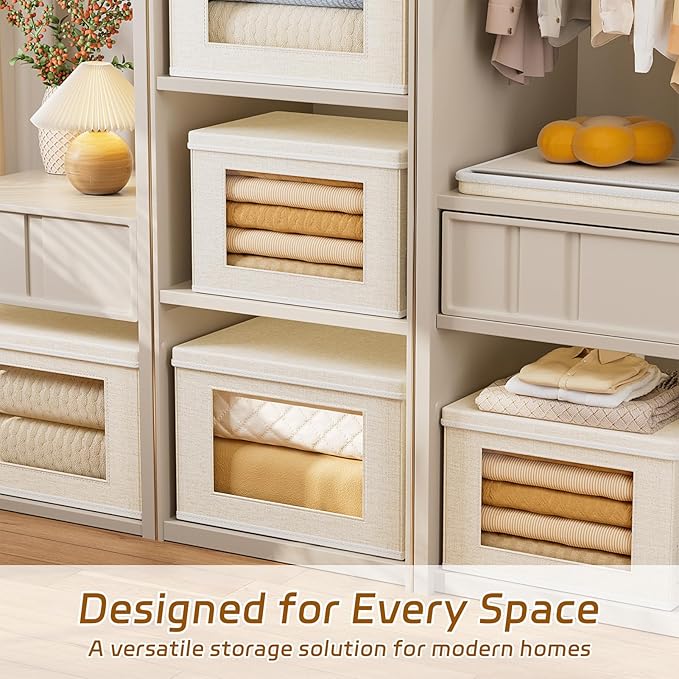 4-Pack Fabric Foldable Storage Bins Closet Storage Box with Window Decorative Storage Bins with Lids for Clothes, Closet, Books, Living Room, Beige, 15“ x 9.8” x 9.8"