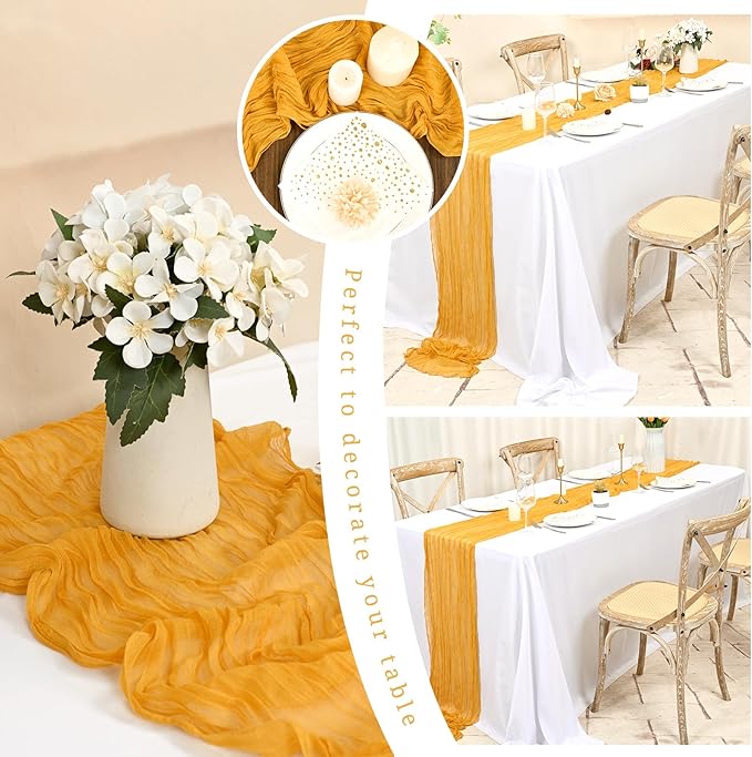 12 Pack Gold Cheesecloth Table Runner 10FT Cheese Cloths for Wedding Decor, 20x120inch Rustic Boho Gauze Table Runners for Wedding Party Bridal Shower Table Decoration