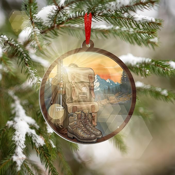 Hiking Ornaments for Christmas Tree - Suncatcher Christmas Ornaments 2025 - Hiking Gifts for Women Men, Camping Gifts for Hikers Women Men Friends, Backpack Camping Ornament, Travel Ornament