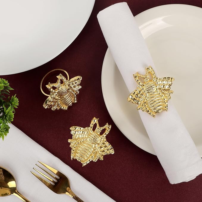 ALPHA Living HOME 12 Pcs Modern Bee Napkin Rings - Premium Metal Napkin Rings Table Decor Napkin Ring, Dining Cloth Napkin Holder for Wedding, Party, Christmas, Everyday Dining (Gold)