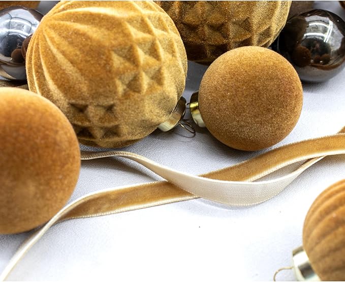 42PCS Gold Brown Velvet Christmas Ball Ornaments, Flocked Vintage Rustic Farmhouse Baubles in Assorted Sizes for Xmas Tree Decorations, Hanging Ornaments for Home, Party & Wedding Décor (Golden Brown)