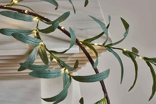Hairui Lighted Artificial Olive Garland 6FT 96 LED Fairy Lights Battery Operated, Faux Vine Lights with Timer for Spring Christmas Holiday Fireplace Decoration