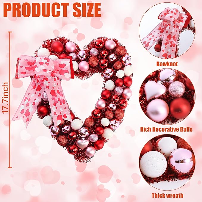 Sggvecsy 17.7’’ Heart Shaped Wreath with Bowknot Valentines Day Red Pink White Red Balls Decorations with Tinsel for Front Door Wedding Anniversary Wall Decor Gift for Girlfriend Mother’s Day