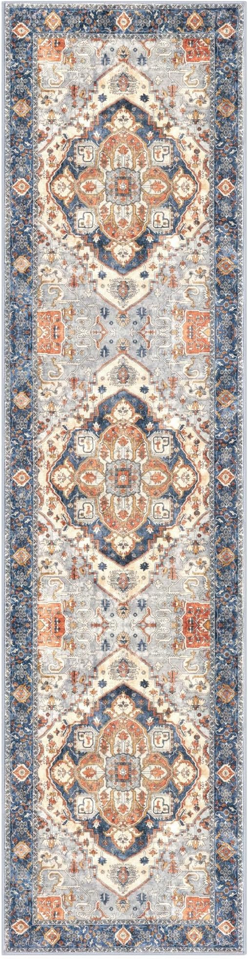 2x7 Washable Runner Rug for Hallways, Ivory Blue Soft Classic Kitchen Rugs with Non-Slip, Non-Shedding Boho Rug for Hallways Entryway Bedroom Bathroom Laundry Indoor