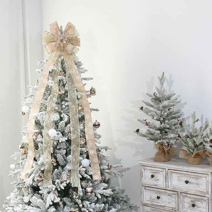 Christmas Tree Topper, Bow Large Christmas Bow Tree Topper, for Xmas Ornament Holiday Home Wedding Thanksgiving Indoor/Outdoor Decoration (Gold)