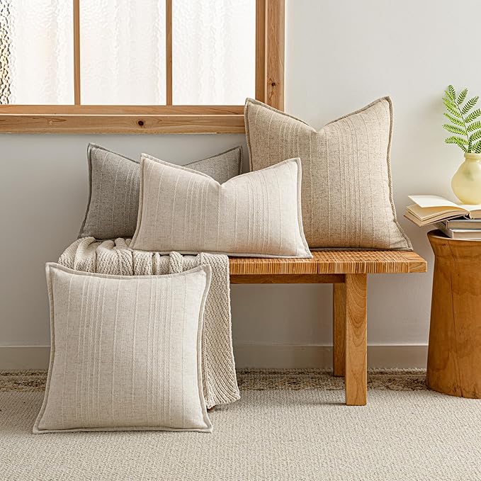 a moment Linen Pillow Covers Set of 2,Boho Farmhouse Throw Pillowcases Neutral Textured Decorative Covers for Couch Sofa Bed, Soft Linen Blend Accent Case Cushion Home Decor 18"x18" Beige Grey