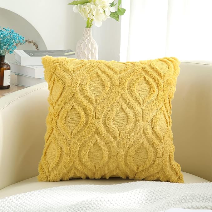 decorUhome Throw Pillow Covers 22x22 Inch Set of 2, Soft Plush Faux Wool Mustard Yellow Solid Couch Pillow Covers, Accent Farmhouse Neutral Square Pillow Cases for Sofa Bed Living Room