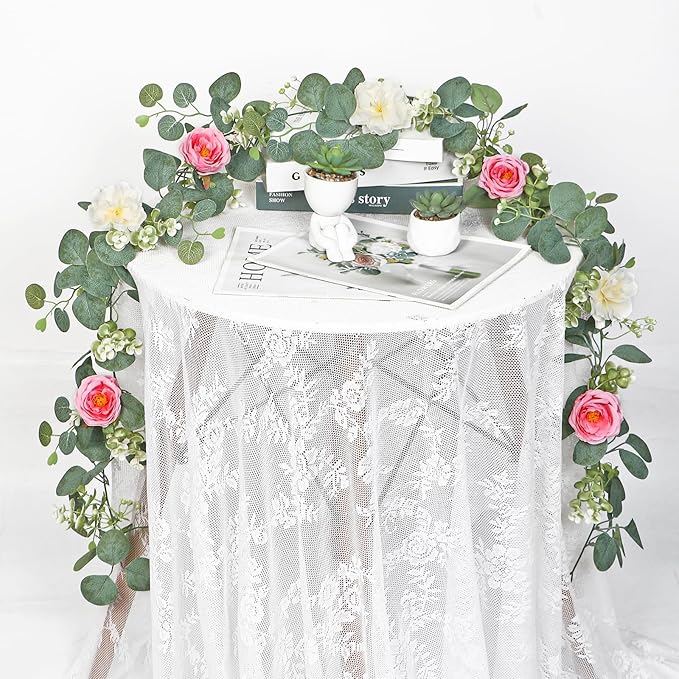 TOCHGREEN 2 Pack 13Ft Artificial Eucalyptus Flower Garland with Pink Roses White Flowers, Fake Rose Flower Greenery Garland Floral Vines for Wedding Home Party Table Runner Decor (White Pink, 2PCS)
