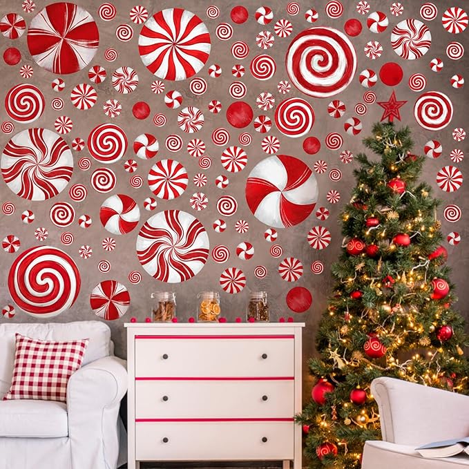211 Pcs 6 Sheets Christmas Wall Decals Peppermint Wall Stickers Removable Oil Red and Green Candy Stickers Christmas Window Clings for Indoor Living Room Bedroom Nursery Decor(Red)