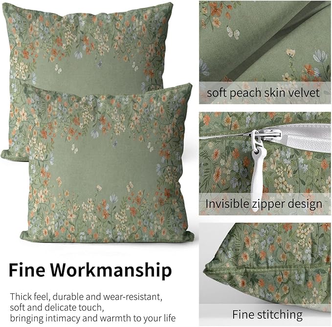 Floral Throw Pillow Covers 18x18 Inch Boho Wildflowers Throw Pillow Covers for Couch Green Decorative Pillowcases Rustic Nature Botanical Butterfly Farmhouse Sofa Cushion Cover Sets of 2