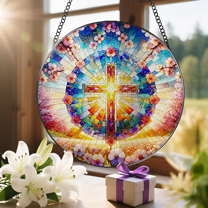 8 Inches Cross Stained Glass Suncatcher, Stained Glass Window Hanging, Spiritual Sun Catcher, Cross Ornament Gift, Christian Home Decor, Christian Gifts, Religious Gifts, Gift for Christmas
