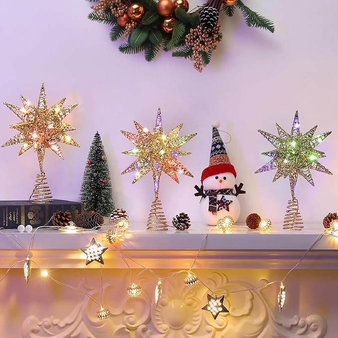 Lewondr Christmas Tree Topper, Plug in 3D Starburst Xmas Lighted Star Tree Topper, Remote Control & Timer Light Up Vintage Moravian Tree Topper for Christmas Decoraiton, Colorful Light, Gold