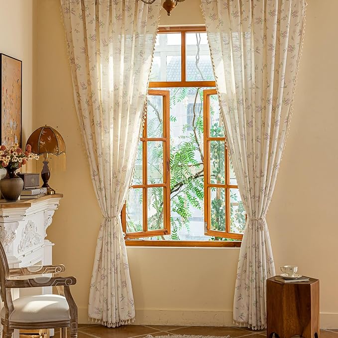 OYX Purple Boho Floral Curtains 84 Inch Length 2 Panels for Living Room, Bedroom Light Filtering Drapes, Farmhouse Country French Rustic Tassels Patterned Rod Pocket Aesthetic Decor Window Treatments
