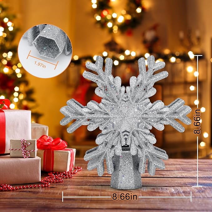 Christmas Tree Topper, 3D Rotating Silver Snowflake Pattern Projector for Xmas Tree Topper, Hollow Design Christmas Decorations, Christmas Decor