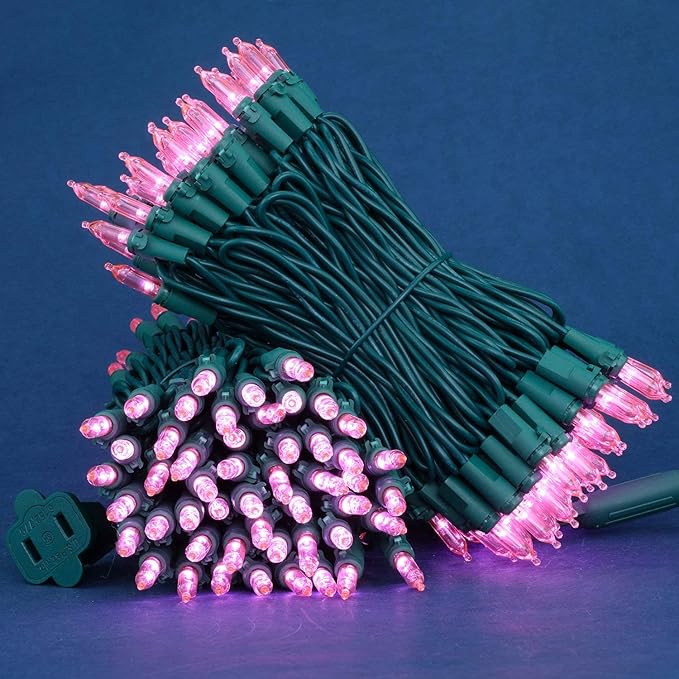 Pink LED Christmas Lights 200 Count, Pack of 2 Sets 25 ft 100 LED Green Wire Mini String Lights Set (Pink)