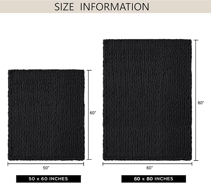 Chunky Knit Throw Blanket 50"X 60", 100% Handmade with Soft Chenille Yarn, 4.4lbs Thick Cable Knitted Blankets, Large Rope Knot Crochet Throws for Couch Sofa Bed Home Decor, Black