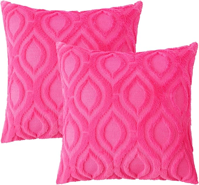 decorUhome Throw Pillow Covers 26x26 Inch Set of 2, Soft Plush Faux Wool Hot Pink Solid Couch Pillow Covers, Accent Farmhouse Neutral Square Pillow Cases for Sofa Bed Living Room