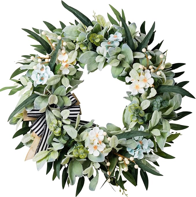 Lambs Ear Wreaths for Front Door Year Round, 20 Inch Green Artificial Wreath for Spring Summer Farmhouse Porch Indoor Outdoor Decor