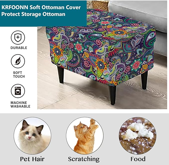 KRFOONN Stretch Ottoman Cover Slipcovers Rectangle Fit Length 39"-47" Footrest Stool Covers Printed Ottoman Cover for Foot Stool Furniture Protector with Non Slip Elastic Bottom, Color 07