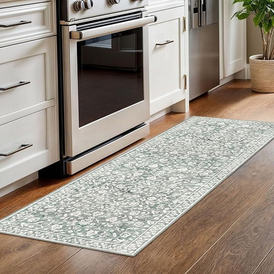Vintage Washable Runner Rug 2x6, Sage Green Grey Runners for hallways, Super Soft Kitchen Runner Rug Non Slip, Printed Faux Wool Floral Thin Carpet Runner for Entryway Laundry Room Bedroom