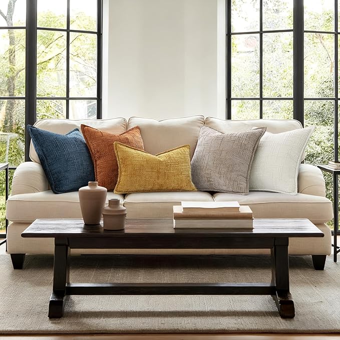 decorUhome Chenille Throw Pillow Covers 16x16 Set of 2, Thick Textured Slubby Neutral Decorative Pillow Covers with Elegant Design for Couch, Sofa, Living Room, Mustard Yellow