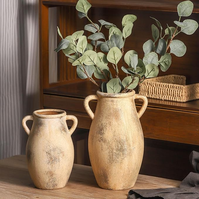 Ceramic Vintage Vase with Handles - 9.05 inch Terracotta Vase - Decorative Tall Pottery vase - Flower Vase for Home Farmhouse Decor, Dining Table, Living Room, Kitchen, Office