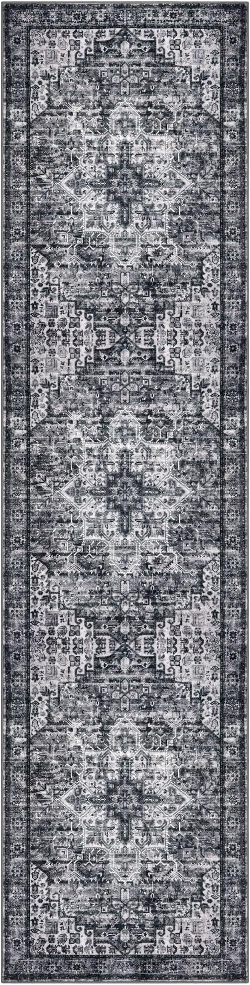 2x8 Washable Runner Rug for Hallways, Moss Charcoal Soft Neutral Vintage Printed Runner with Non-Slip, Non-Shedding Boho Rug for Bedroom Kitchen Porch Laundry Bedroom