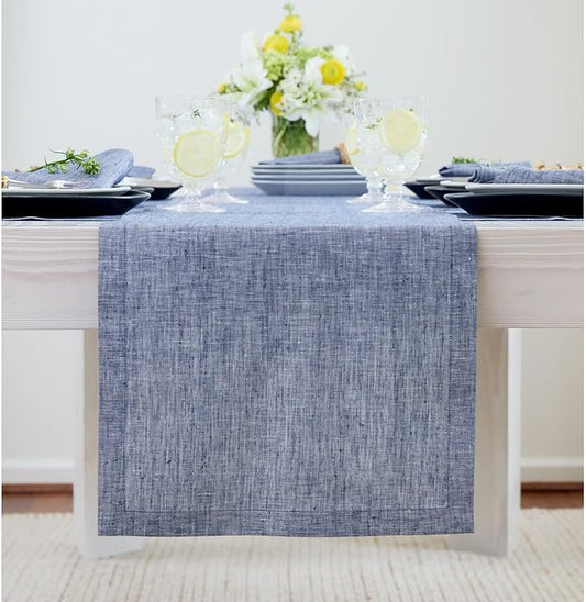 Solino Home Linen Chambray Indigo Table Runner 132 Inches Long - Athena, 100% Pure Linen Dining Table Runner 14 x 132 Inch for Spring, Easter