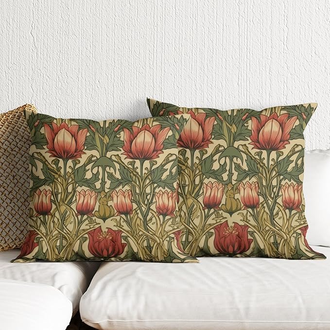William Morris Pillow Covers 18x18 Inch Vintage Floral Botanical Print Pillow Protectors with Zipper Standard Size Nature Flowers Pillowcases Mid Century Modern Bed Pillow Covers Set of 2