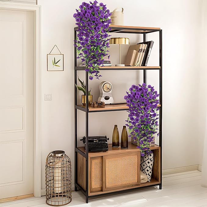 Artificial Hanging Flowers for Outdoor, 2pcs Fake Plants Long Vine Morning Glory Eucalyptus, UV Resistant Realistic Faux Greenery Indoor Outside Patio Porch Garden Spring Summer Decor, Dark Purple