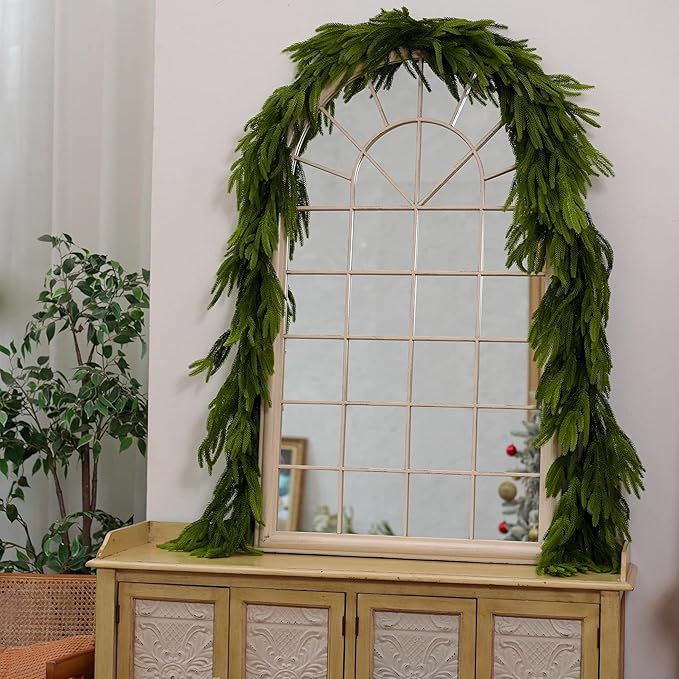 2 Pcs 9 Ft Christmas Garland Real Touch Norfolk Pine Garland Christmas Decorations Realistic Greenery Winter Pine Garland for Mantle, Table, Stairs, Fireplace Indoor Outdoor Home Holiday Xmas Decor