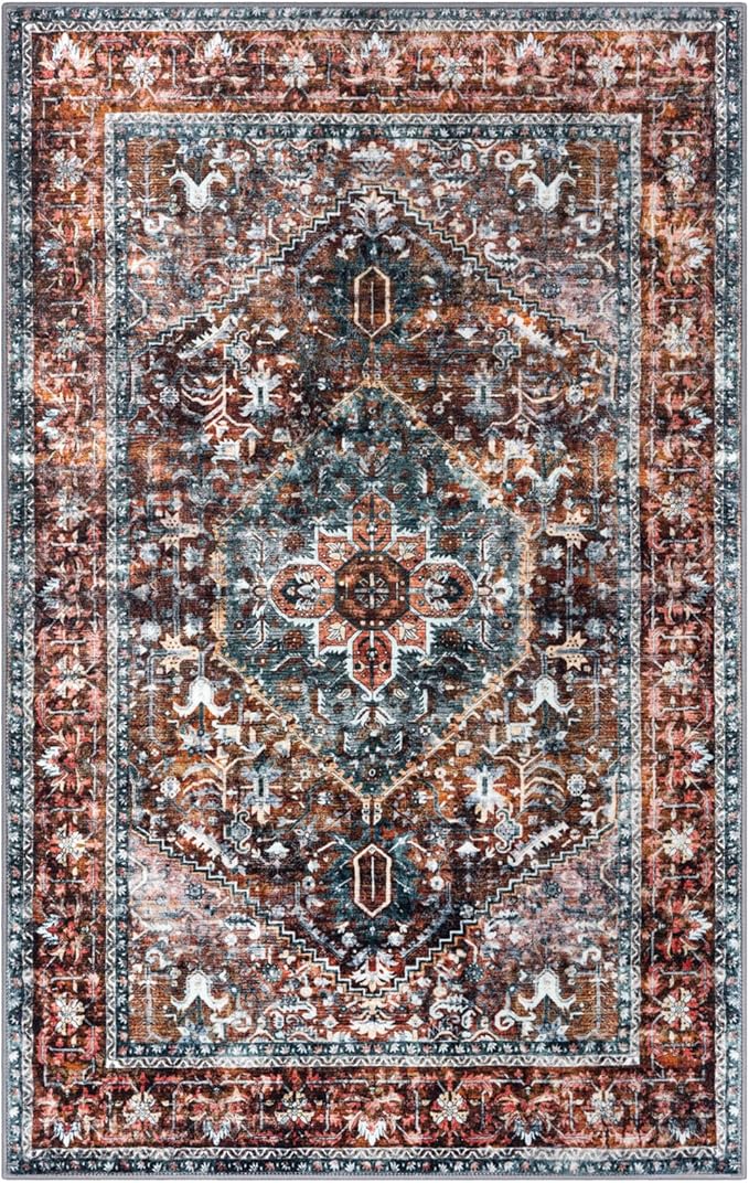 KOZYFLY Boho Area Rug 8x10 Ft Thin Rugs for Living Room Washable Bedroom Rug Non Slip Rugs Printed Faux Wool Vintage Bedroom Rug Floor Carpet for Dining Room Living Room, Brick Red/Orange/Green