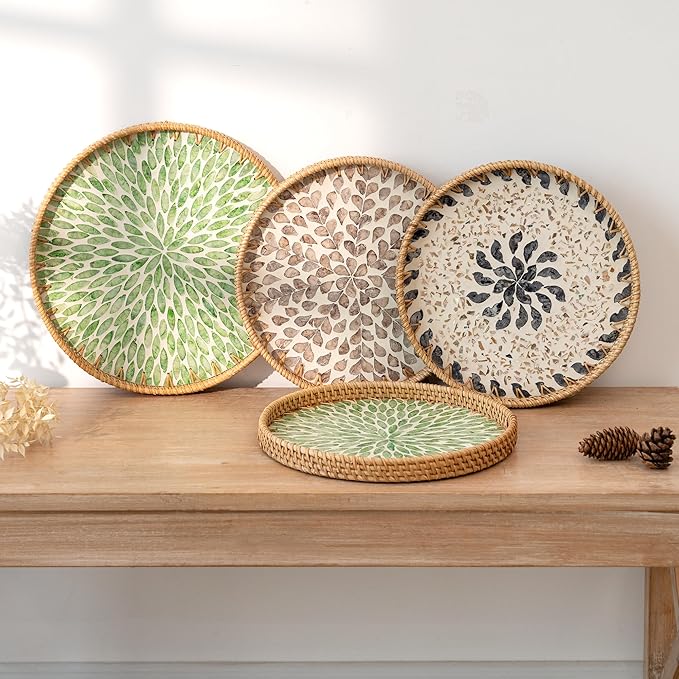 StorageWorks Decorative Coffee Table Trays for Home Decor, Round Rattan Tray with Mother of Pearl Inlay, Small Wicker Woven Serving Tray Decor for Kitchen Counter, Living Room and Ottoman, Blue
