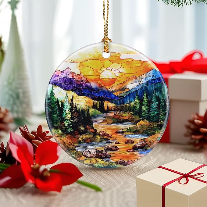 Mountain Range Ornament – Christmas Decoration & Christmas Ornament; Round Ceramic (Holiday Present, Bauble Present, Gift Idea, and Gift Exchange) | Heirloom Keepsake