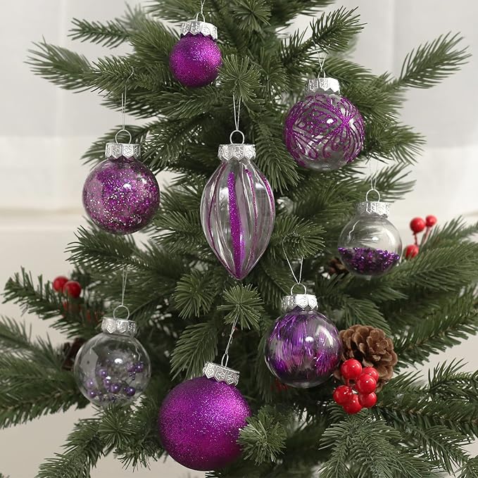 Christmas Ornaments Set, 32Pcs Clear Plastic Shatterproof Christmas Ball Hanging Ornaments for Xmas Tree Decorations, for Indoor Home Thanksgiving Party Holiday Decor - Purple.