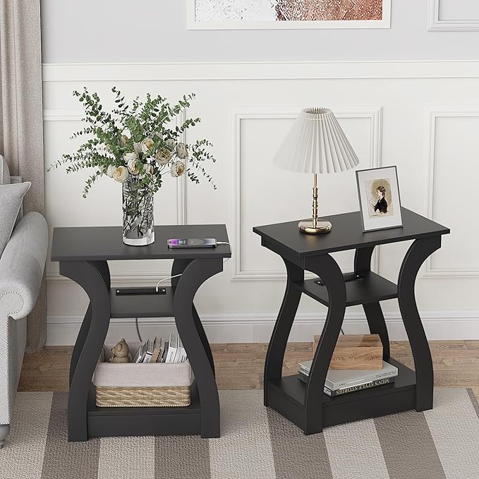 Black End Table Set of 2 with Charging Station, Side Table with USB Ports and Outlets, Black Nightstand, 3 Tier End Table with Storage Shelf for Living Room, Bedroom