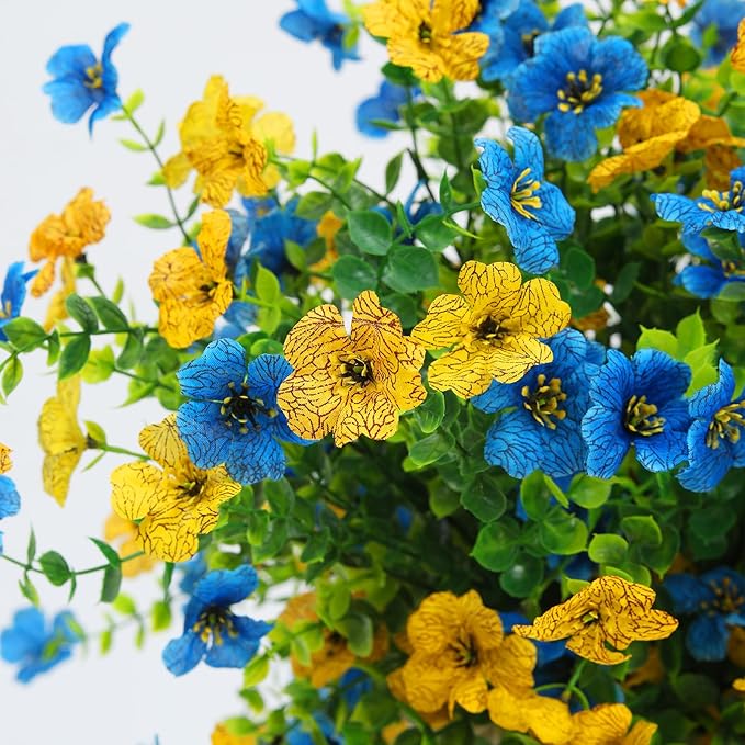 Artificial Flowers for Outdoors 6PCS,All Weather Fade Proof, UV Resistant Waterproof Realistic Faux Silk Mums Daisies Blue & Yellow for Hanging Planters Porch Patio Balcony Deck Fence Garden Decor